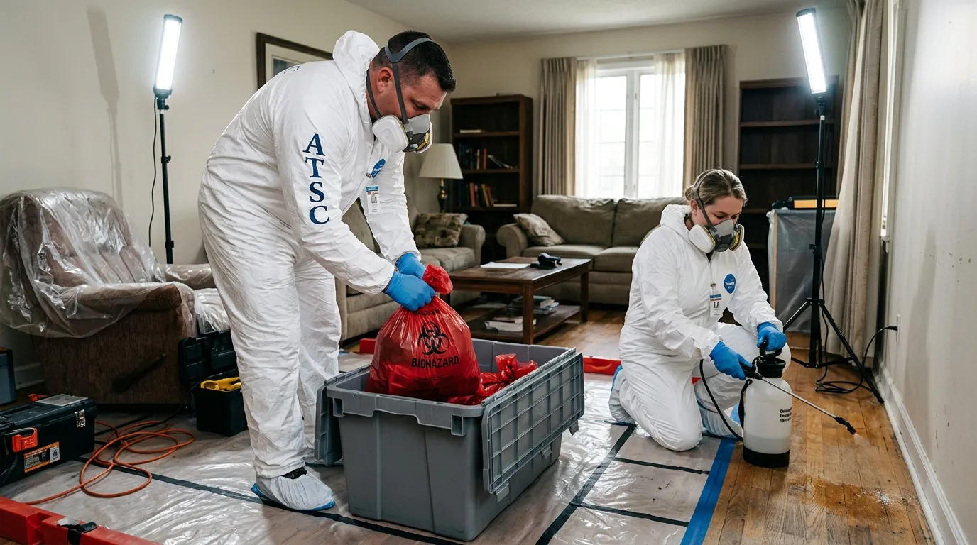 Professional Biohazard Cleanup technician in full PPE working in Unionville